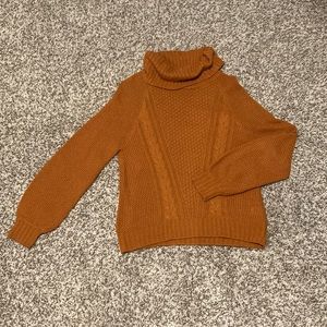 Orange Cable Knit Turtleneck Sweater with Subtle Bell Sleeves